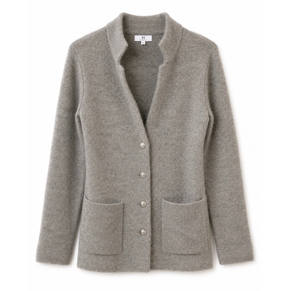 Halston Gray Wool‎ Blend Button Front Cardigan Sweater Pockets Women's Medium